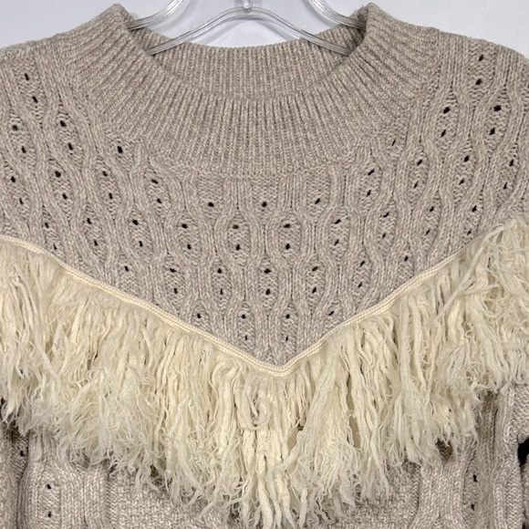 AMUR Ulla Fringe Sweater Size M&L Beige Long Sleeve Cable Knit Merino Wool - Picture 6 of 9